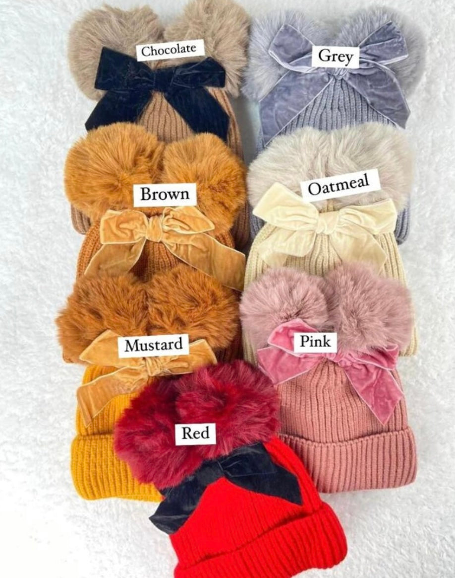 Baby & Kids Double Pom Pom Bow Embroidered Hat