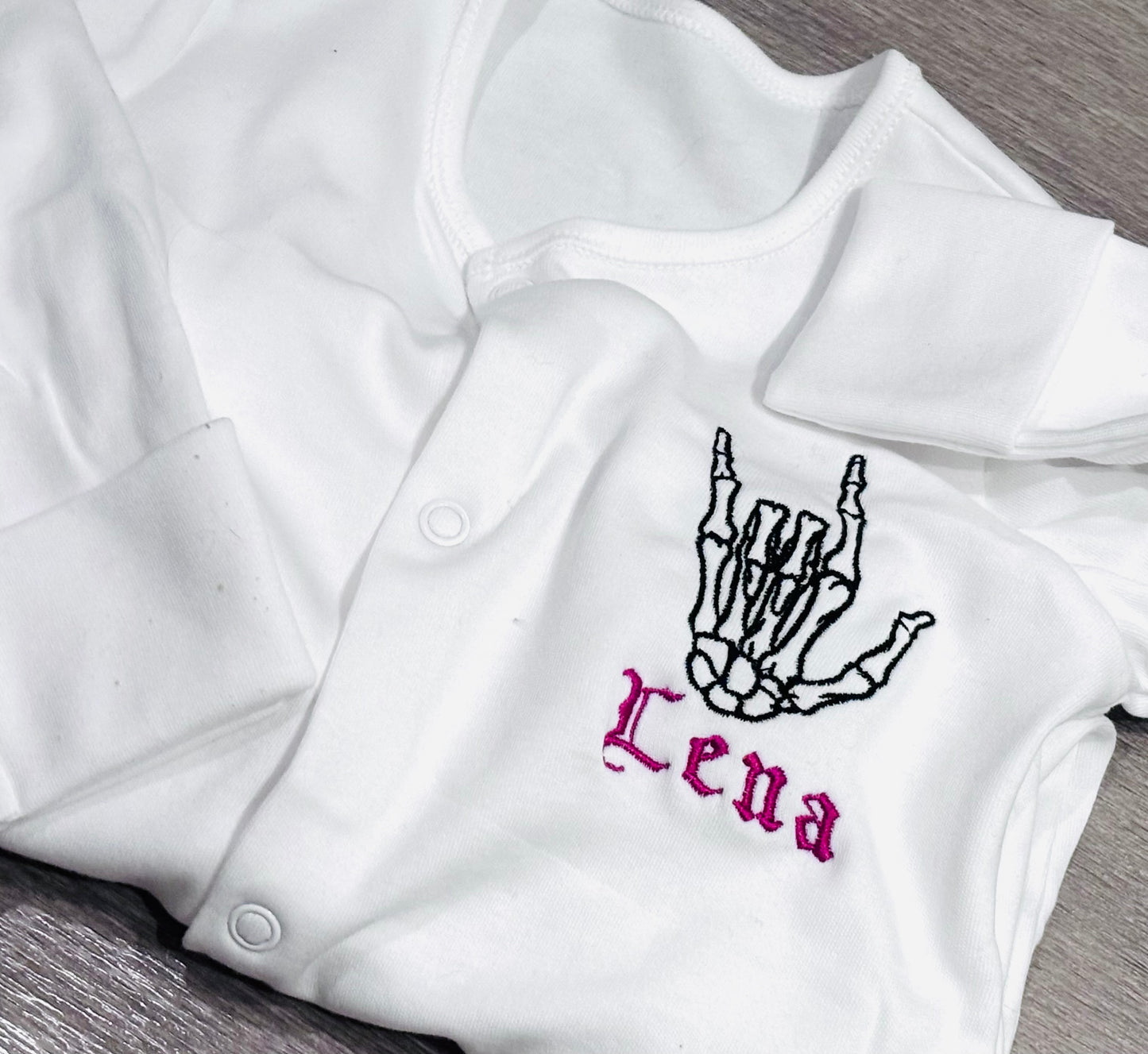 Skeleton Rock Hands Personalised Embroidered Baby Grow & Sleepsuit