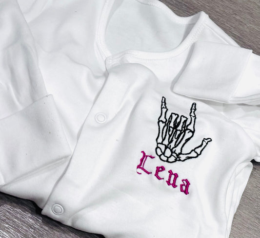 Skeleton Rock Hands Personalised Embroidered Baby Grow & Sleepsuit