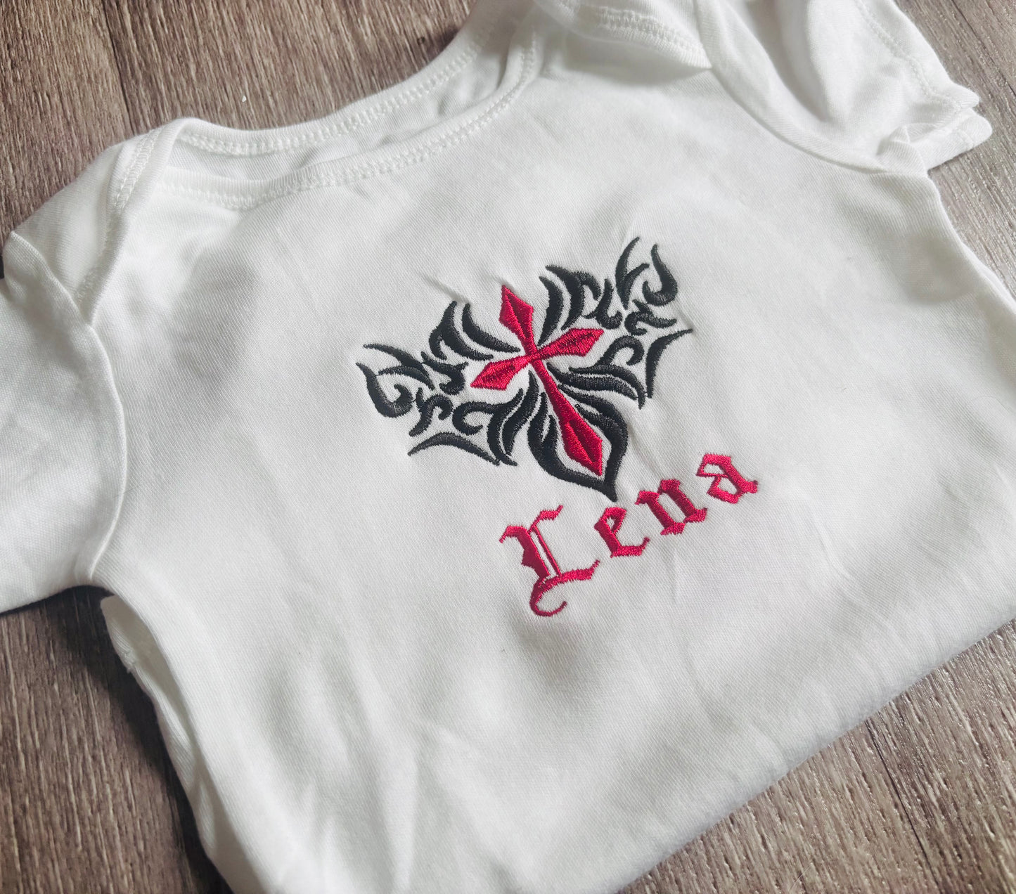 Gothic Cross Embroidered Baby Grow