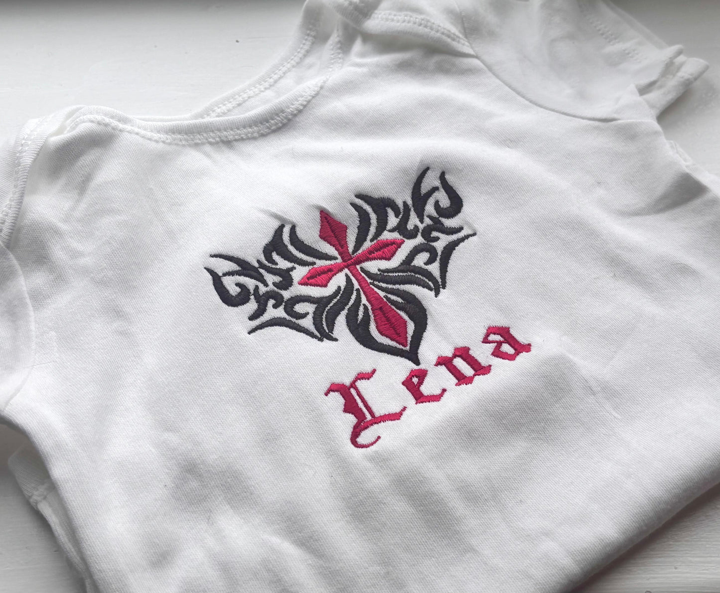 Gothic Cross Embroidered Baby Grow